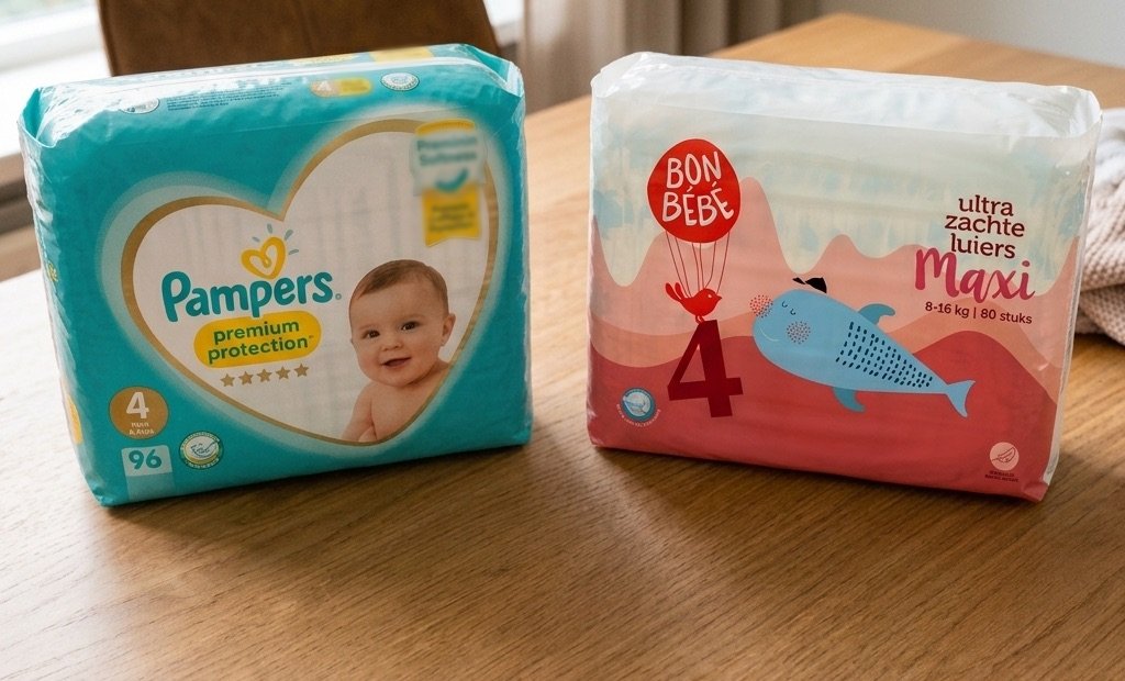 Een pak Pampers naast een pak huismerkluiers op een houten tafel