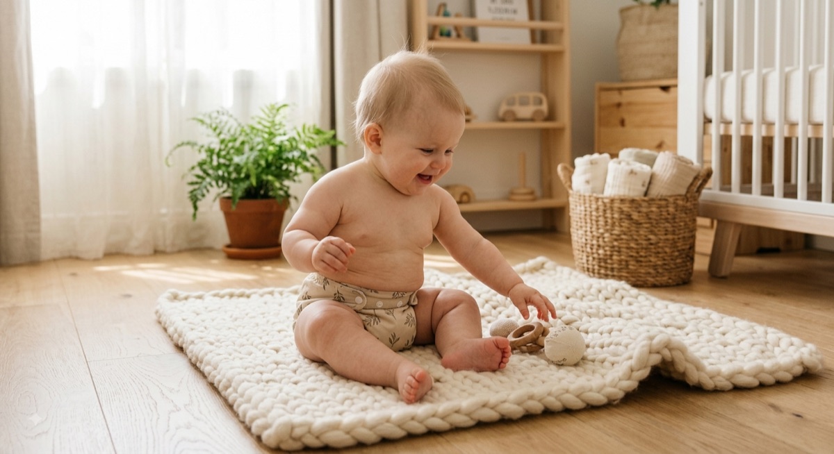 Lachende baby zit in een luier op een gebreid dekentje in een lichte babykamer
