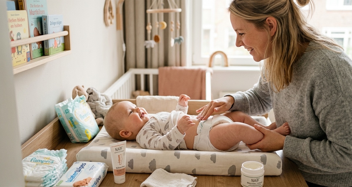 Moeder verschoont een lachende baby op een verschoonkussen, met billenzalf en doekjes binnen handbereik